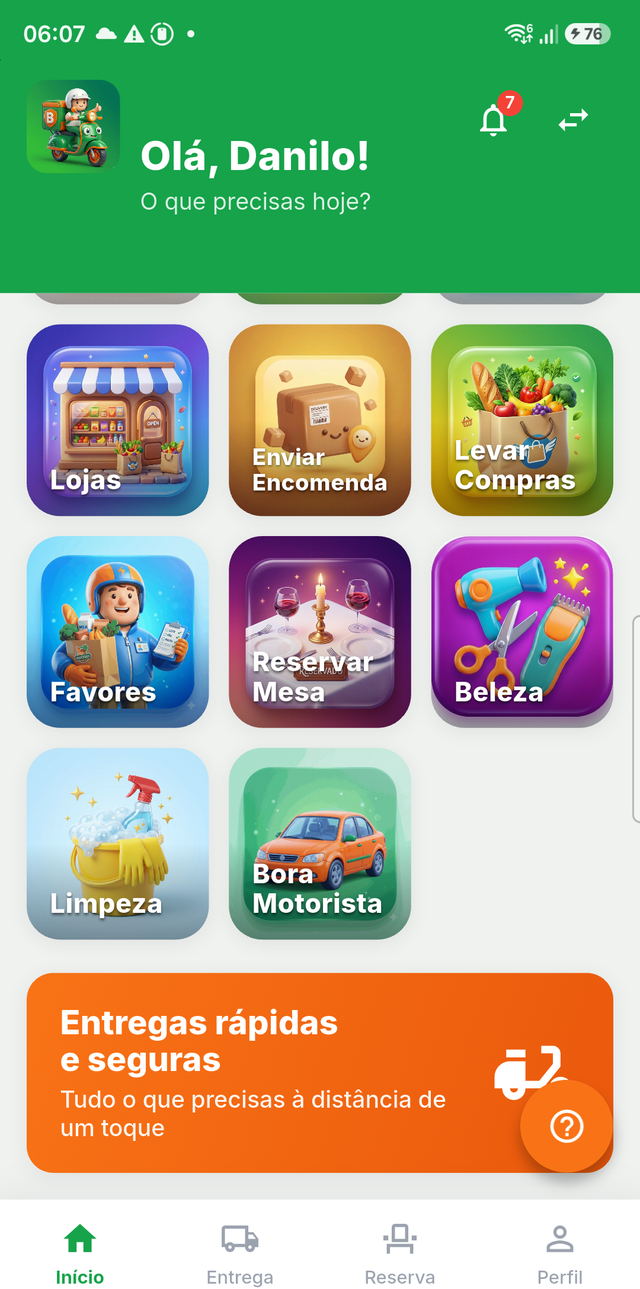 Ecrã inicial do Bora App com as categorias da Guarda