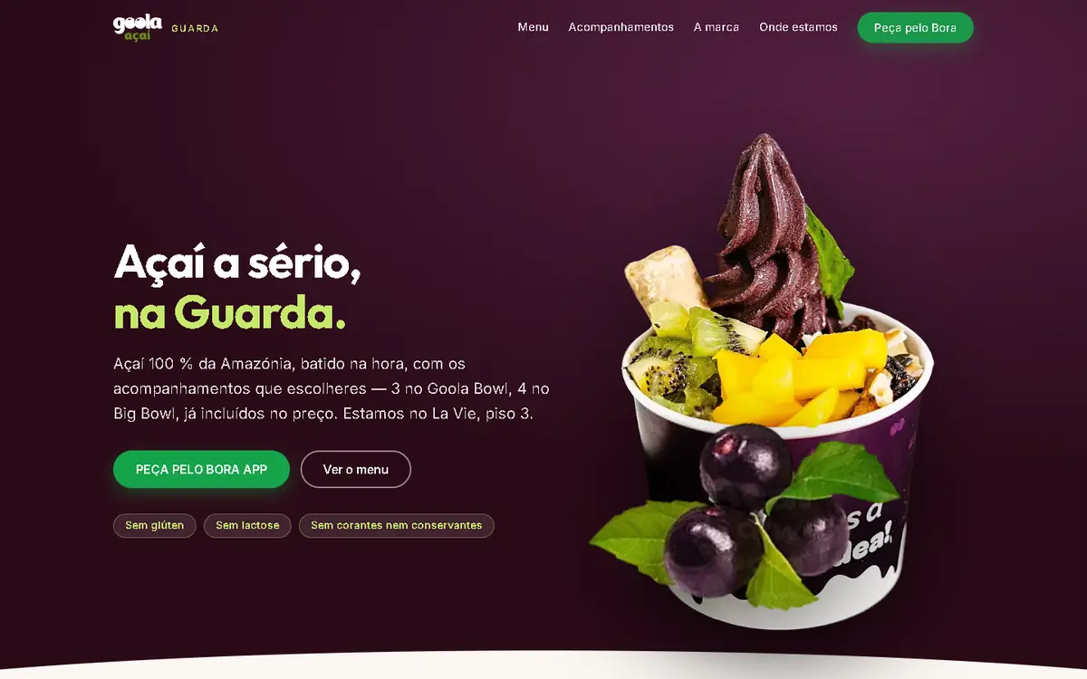 Página inicial do site da Goola Açaí, na Guarda