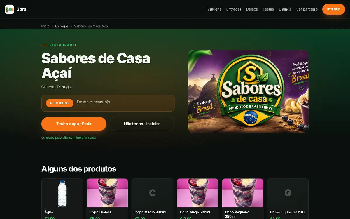 Página do Sabores de Casa Açaí no site do Bora, com o catálogo e os preços